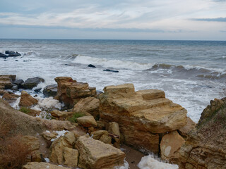 Layered Sandstone Rocks Wild Coast Waves