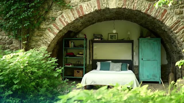 A cozy rustic bedroom tucked beneath a brick archway in a lush garden alcove