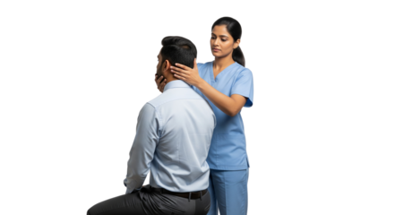 Female doctor examines male patient's cervical spine on white background.