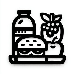 School lunch icon, black and white, representing a meal and nutrition concept, minimalist line art