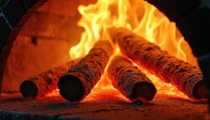 Logs burn brightly in brick pizza oven. Intense flames rise from embers, creating hot glowing heat. Traditional cooking method for delicious Italian food.