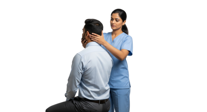 Female doctor examines male patient's cervical spine on white background. - Powered by Adobe