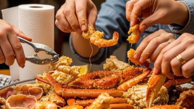 Delicious seafood feast: Hands cracking fresh crab legs and peeling shrimp at a casual seafood boil