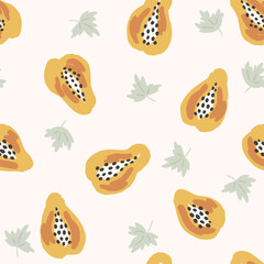 Hand painted juicy papaya slices with seeds and leaves, forming a minimalist fruit pattern in colors of yellow, orange, black and green on beige background. Tropical fruit seamless vector pattern.