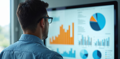 Person analyzes business data on monitor. Man focuses on charts graphs driving business strategy. Business professional working in office analyzing financial report.