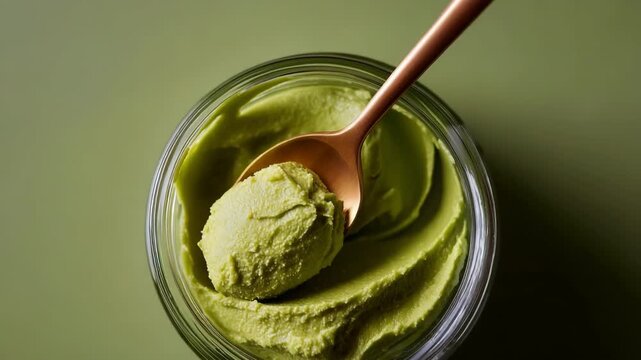 Smooth green pistachio butter in glass jar with gold spoon on olive background
