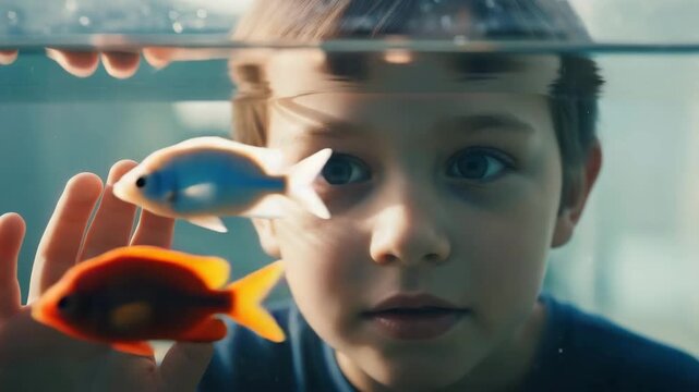 Curious Child Watching Colorful Aquarium Fish Through Glass in Soft Natural Light