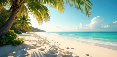 Fototapeta premium Serene sunlit tropical shoreline with gentle waves lapping onto pristine white sand and lush green foliage under a vibrant blue sky