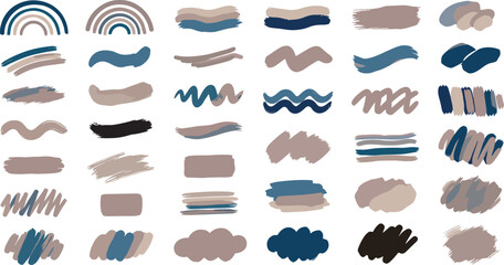 Collection of abstract brush strokes and rainbows in muted blue and beige tones paint stroke