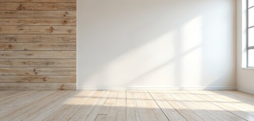 Naklejka na ściany i meble Minimalist interior empty room with light wood plank wall and floor. Bright white wall illuminated by sun rays from window creates tranquil peaceful atmosphere. Space for text.