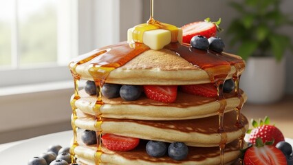 Delicious golden pancakes stack with syrup, butter and fresh berries: sweet breakfast indulgence