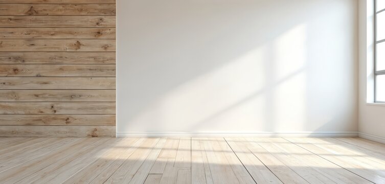 Fototapeta Minimalist interior empty room with light wood plank wall and floor. Bright white wall illuminated by sun rays from window creates tranquil peaceful atmosphere. Space for text.