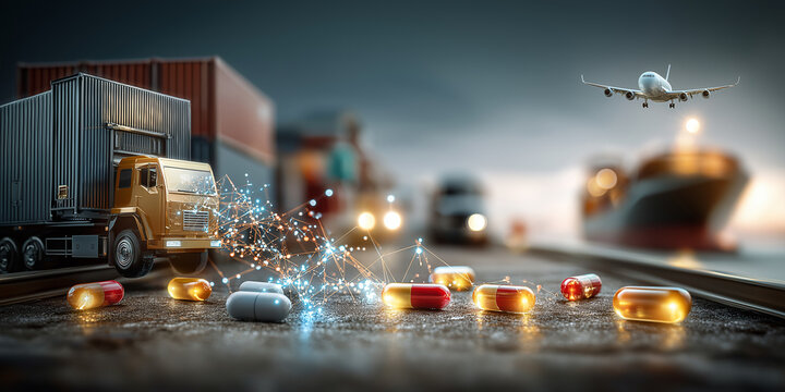 Dynamic scene of pharmaceutical supply chain with pills scattered on dock, surrounded by truck, shipping containers, and plane in sky, symbolizing global distribution