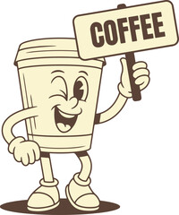 Cartoon coffee cup character holding a coffee sign