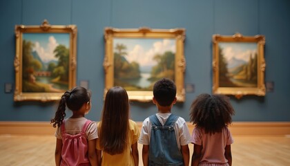 Four young children view landscape paintings in an art gallery. Kids on a field trip admire classical artworks in a museum. Children learn about culture and history inside educational institution.