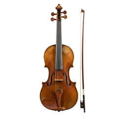 Fototapeta premium Elegant antique violin with bow on a plain white background