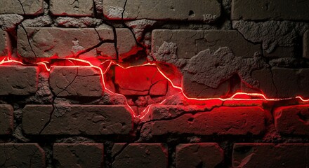 Glowing red light highlighting cracks in an old brick wall creating a dramatic and textured background for urban decay and abstract concepts