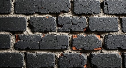 Close up of a dark painted brick wall with weathered texture and visible cracks creating a rustic industrial background perfect for architectural design and construction projects