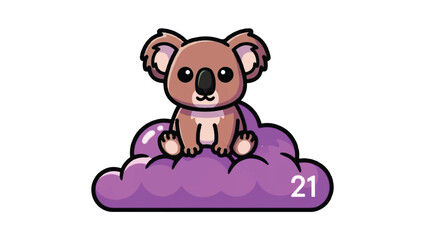 Fototapeta premium Cute cartoon koala sitting on a purple cloud with number 21.