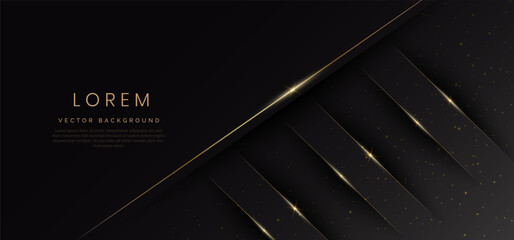 Abstract 3D luxury template shiny black background with lines golden glowing sparking. Vector illustration
