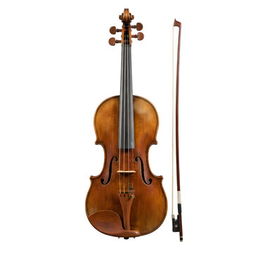 Elegant antique violin with bow on a plain white background