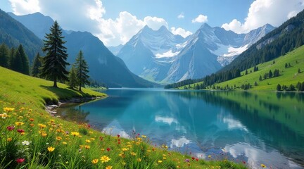 Fototapeta premium Serene alpine lake reflects snow-capped peaks amidst vibrant wildflowers and lush green hills under a bright blue sky with puffy clouds