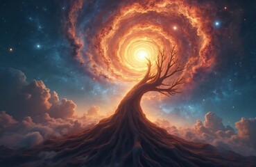 Ancient tree with gnarled roots grows towards vibrant cosmic nebula in starry sky. Swirling clouds of orange, yellow light form bright vortex above barren branches. Space, sky blend with fiery
