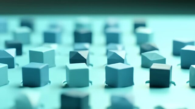 A sea of turquoise cube-shaped blocks arranged in a precise grid with shallow depth of field