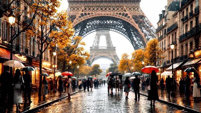 A Rainy Parisian Street Scene Framing the Eiffel Tower Amid Golden Autumn Trees