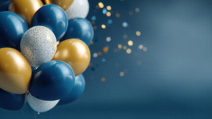 Christmas background winter elegant balloon bouquet with gold confetti and blue tones conveying festive joy