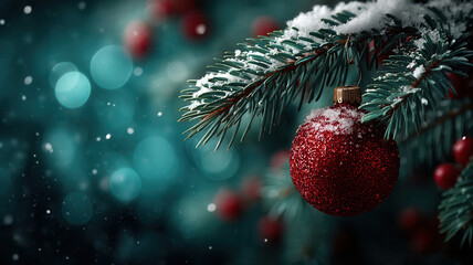 Sparkling red bauble christmas background winter scene with snowy pine branch and falling snow