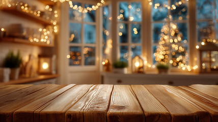 Christmas background winter cozy wooden table with warm holiday lights and blurred decorated tree