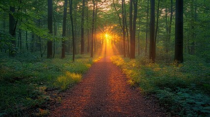 Fototapeta premium A forest path leads towards a bright sunset through tall trees and lush green foliage