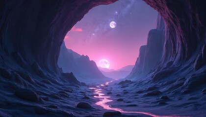 Alien canyon landscape features glowing pink light river. Two luminous moons hang in vibrant purple night sky with scattered bright stars. Rough rocky mysterious terrain creates otherworldly majestic