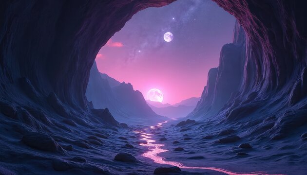 Alien canyon landscape features glowing pink light river. Two luminous moons hang in vibrant purple night sky with scattered bright stars. Rough rocky mysterious terrain creates otherworldly majestic - Powered by Adobe