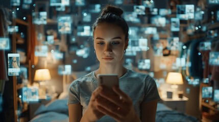 A young woman browsing social media influencer posts