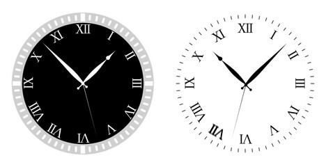 Vintage clock face with Roman numerals and retro hands designed in a classic antique style, ideal for posters, labels, logos, and decorative graphic design projects.