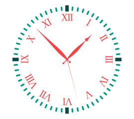 Vintage clock face with Roman numerals and retro hands designed in a classic antique style, ideal for posters, labels, logos, and decorative graphic design projects.