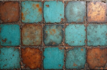Vintage turquoise, rusty brown square tiles form distressed grunge wall. Aged ceramic surface shows weathered texture, rough cement grout. Abstract mosaic creates rustic, industrial background, with