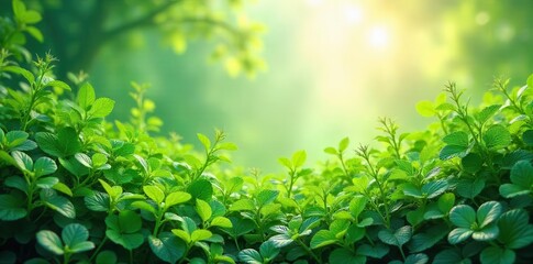 Lush green foliage bathed in soft sunlight, evoking a sense of tranquility and natural renewal in a verdant environment