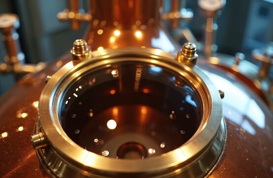 Copper alembic still for distilling alcohol. Vacuum distillation process. Industrial equipment for making gin vodka whiskey. Heating liquid in pot.