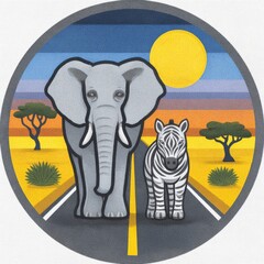 Naklejka premium Colorful emblem of an elephant and zebra, in grey, yellow, and blue, representing African safari and wildlife adventure, in a textured illustration style.