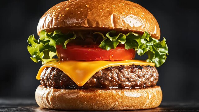 A cinematic slow-motion assembly shot where bun, lettuce, tomato, cheese, and patty descend smoothly to form a complete gourmet burger
