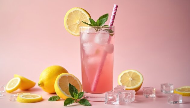 Glass of pink lemonade with lemon slices, mint, and ice cubes. Sweet fruity beverage with citrus and fresh mint. Refreshing drink for summer party.