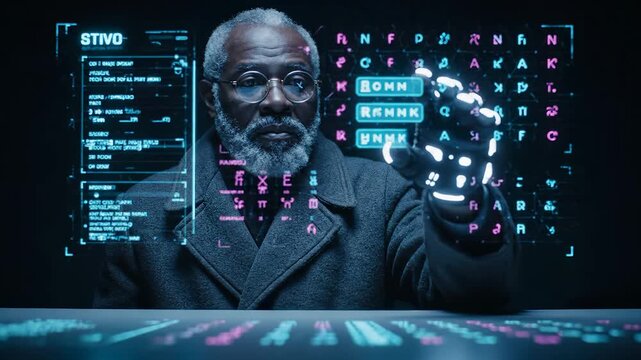 Man interacts with holographic interface. He wears a glowing glove and performs gesture control. Hologram menu and augmented data float above table. Futuristic technology display responds to touch.
