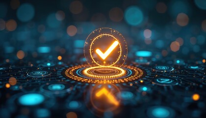 Abstract digital interface with glowing checkmark symbol. Futuristic circuit board with blue and orange lights signifying approval or success in technology.
