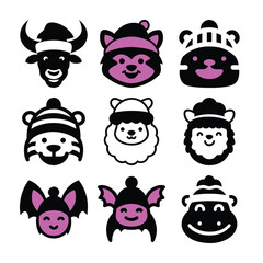 Collection of nine cute cartoon animal faces wearing winter hats