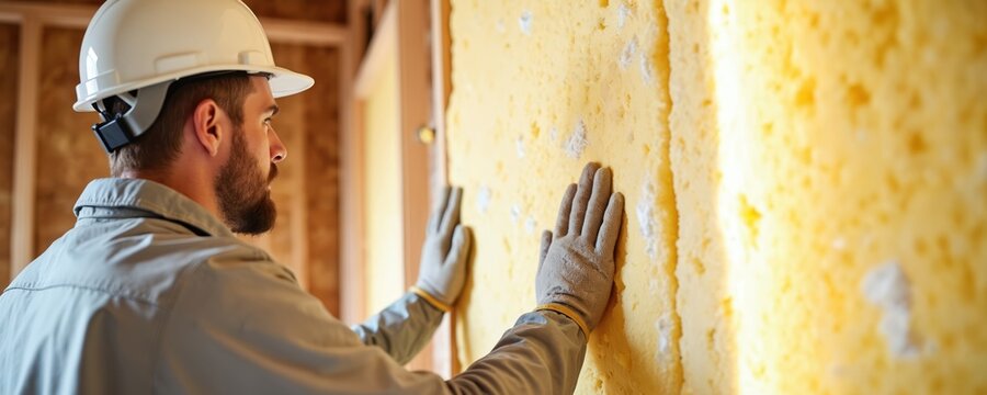 Male worker installs yellow rockwool insulation in frame house wall. Builder insulated room, improves home thermal protection. Insulator in helmet works at construction site. House renovation,