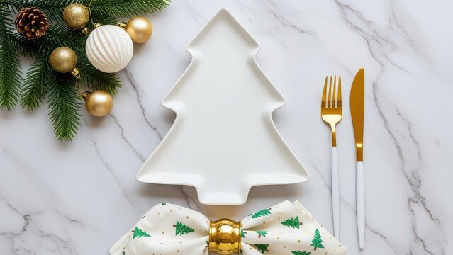 Festive christmas tree shaped plate with golden cutlery and holiday decorations on a marble background for a special dinner