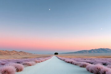 Road Leading to Tree at Sunset with Moon